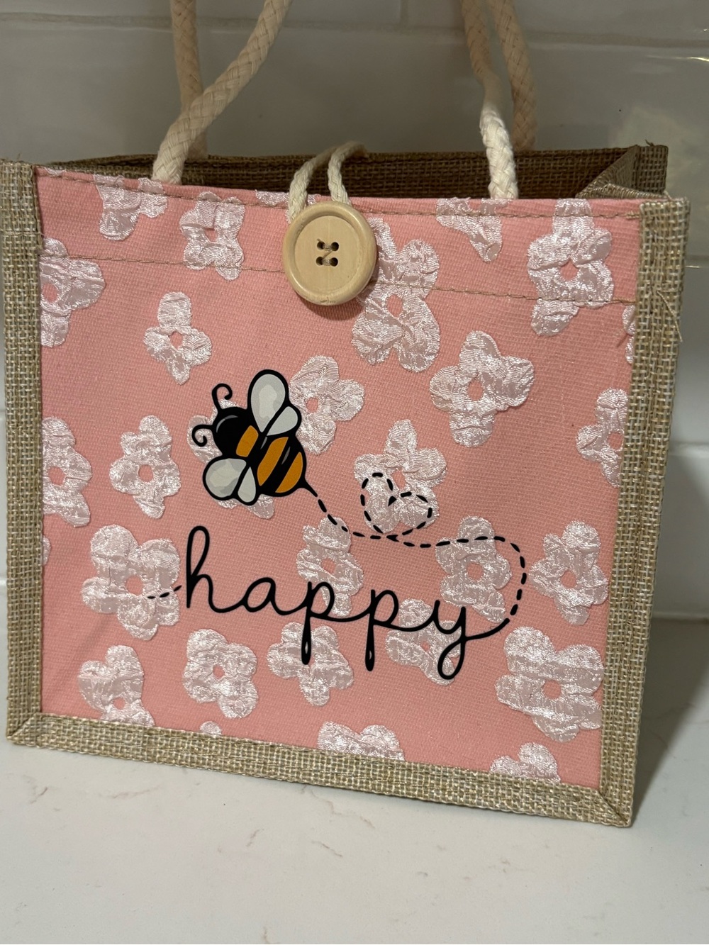 Pink Floral “Happy” Gift Bag – Small (8x8in)